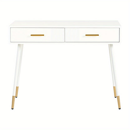 Kaptafel – Make-uptafel – Schminktisch – Dressing Table – Toilettafel – Wit – Met Metalen Gouden Poten – 2 Uitschuifbare Laden – Compact Formaat 40 cm Diep