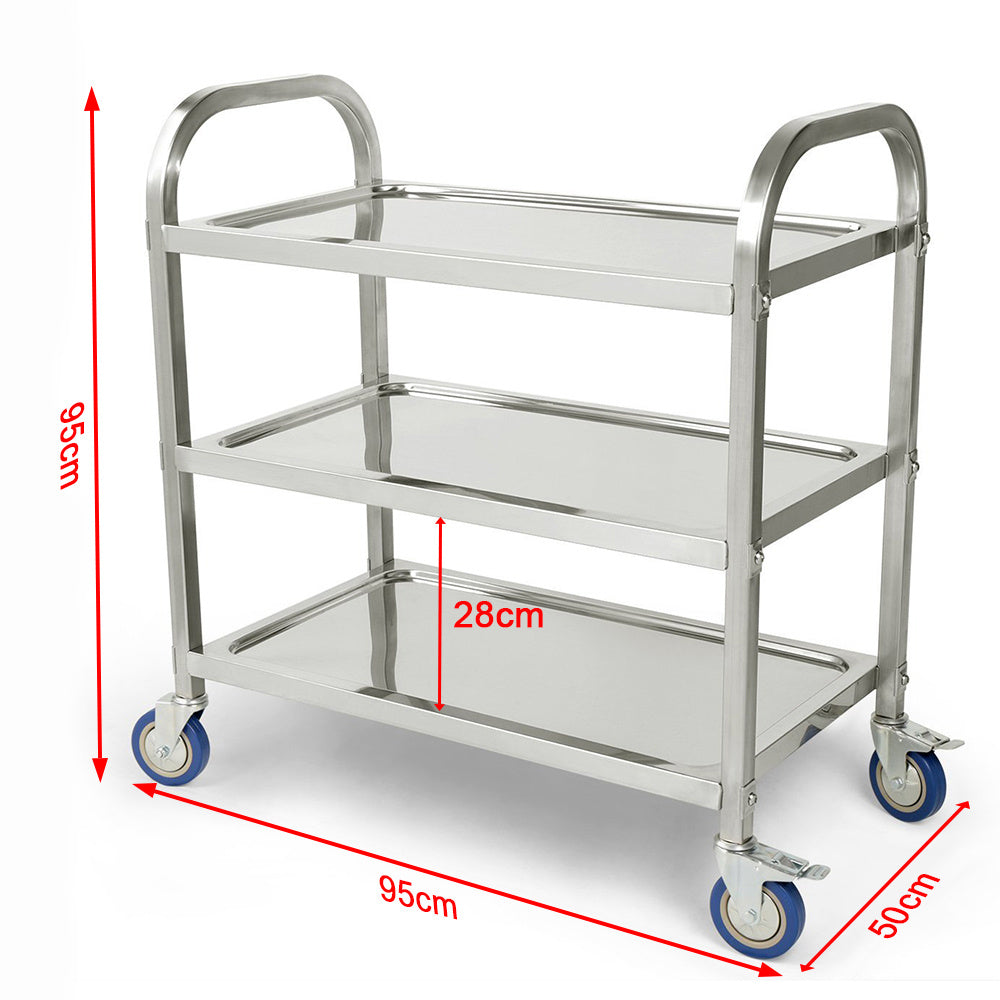 3-laagse RVS Opberghandelwagen – Opbergkar – Keukenwagen – Serveerwagen – Mobiele Opberger – Roestvrij Staal – 95x55x95 cm – Drie Verwijderbare Plateaus – Vier Wielen voor Makkelijke Verplaatsing