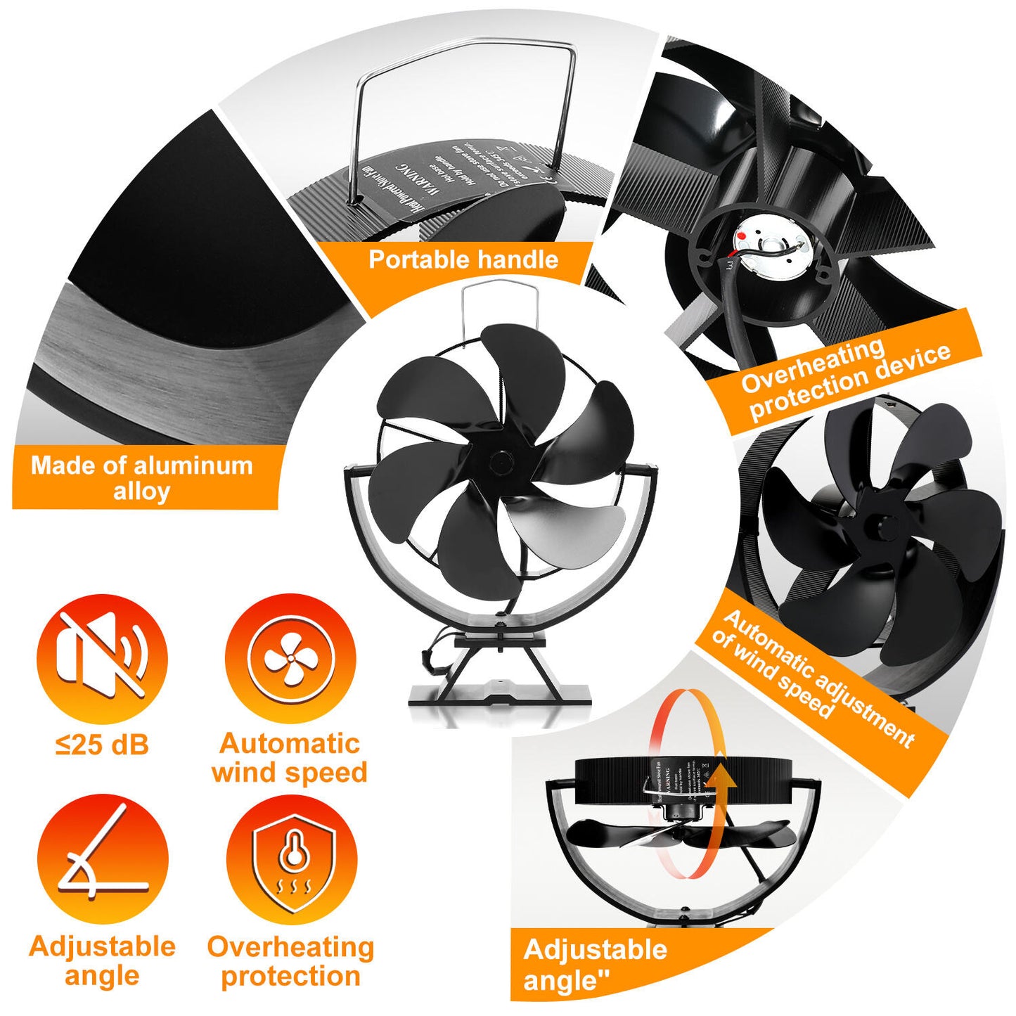 Kachelventilator – Houtkachel Ventilator – Haardventilator – Openhaard Ventilator – Warmte Verspreider – 6 Bladen – Zonder Stroom – Gemaakt Van Duurzaam Aluminium