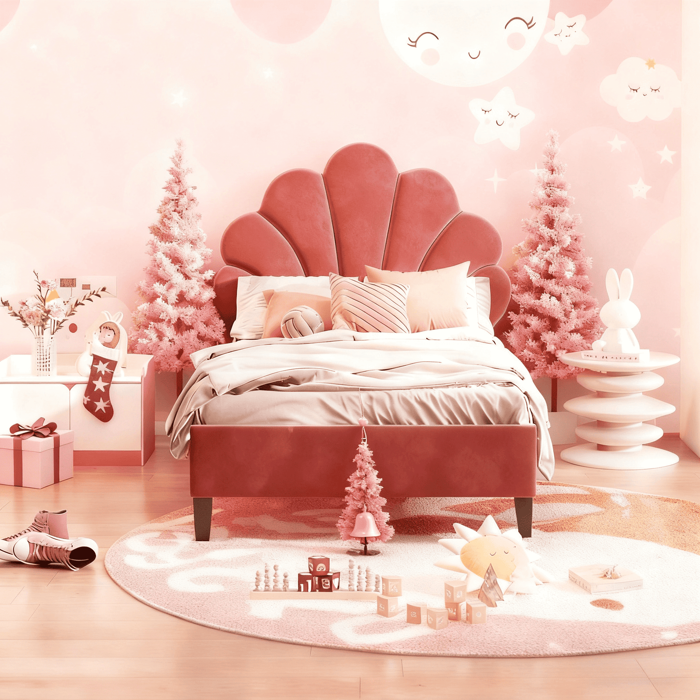 Eenpersoonsbed – Bed – Slaapbank – Kinderbed – Tienerbed – Roze Velvet Bloemvormig Hoofdbord – Stevige MDF Houten Constructie – Geschikt Voor Matras 90x200 cm