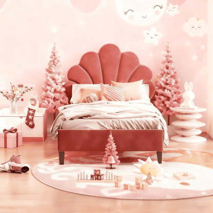 Eenpersoonsbed – Bed – Slaapbank – Kinderbed – Tienerbed – Roze Velvet Bloemvormig Hoofdbord – Stevige MDF Houten Constructie – Geschikt Voor Matras 90x200 cm