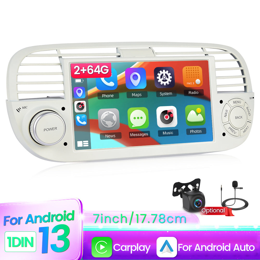 7 Inch Car Radio Fiat 500 – Multimedia Systeem – Touchscreen Autoradio – Navigatie Systeem – Stereo Speler – Draadloze CarPlay & Android Auto – Ingebouwde GPS en WiFi – Inclusief Camera en Microfoon