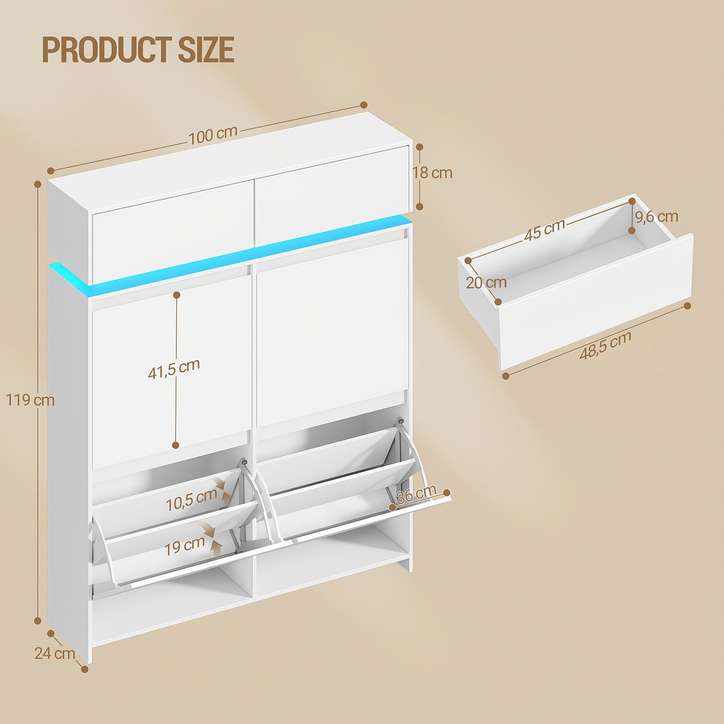 Schoenenkastje – Schoenenrek – Schoenopberger – Schoenendisplay – Schoenenkast – Wit – LED-Verlichting – Verstelbare Planken – Compact 100x119x24 cm