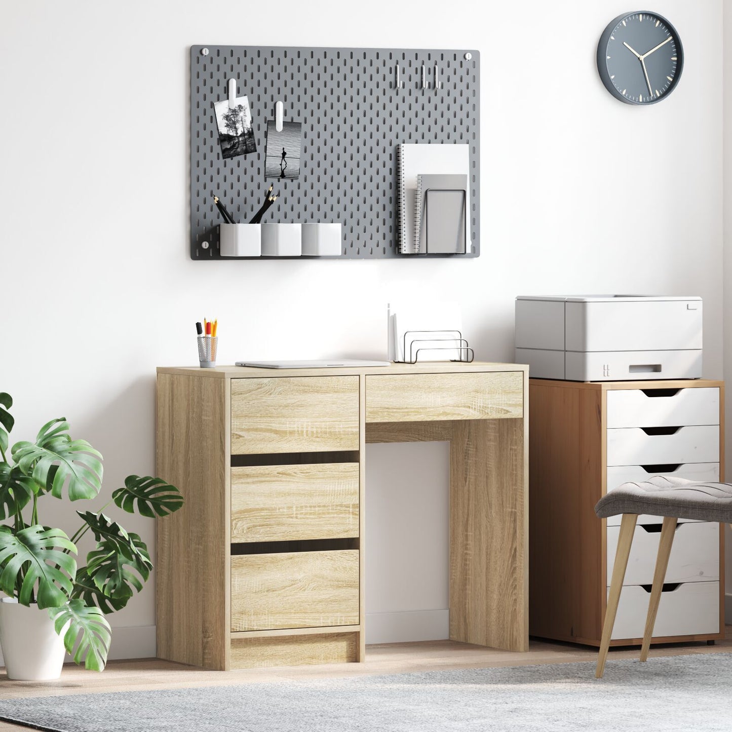 Bureau – Bureautafel – Computertafel – Schrijftafel – Werktafel – Sonoma Eiken – 90x37,5x75 cm – Met 3 Lades en Open Plank – Stevig Houtcomposiet Met Natuurlijke Houtstructuur