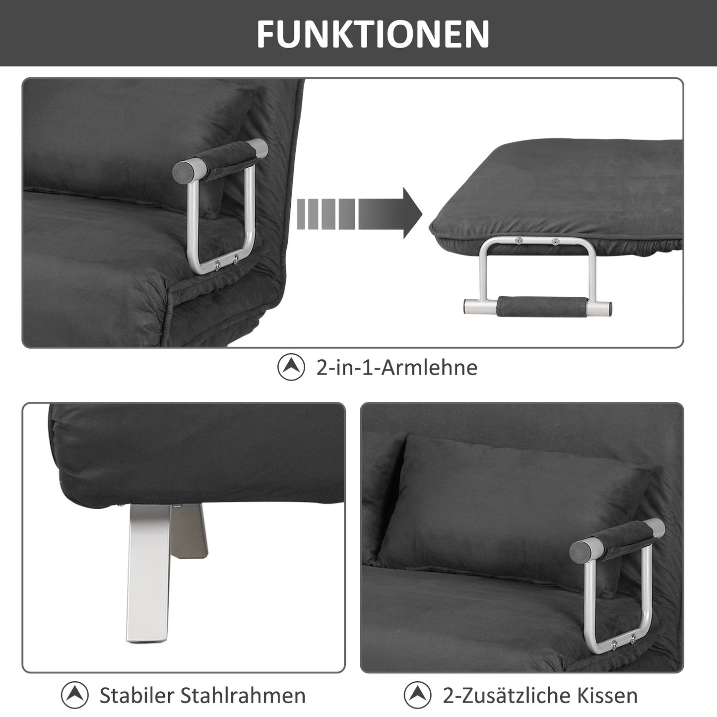 Slaapbank – Bedbank – Slaapstoel – Logeerbed – Sofa – Verstelbare Rugleuning – Zachte Velvet Bekleding – Grijs