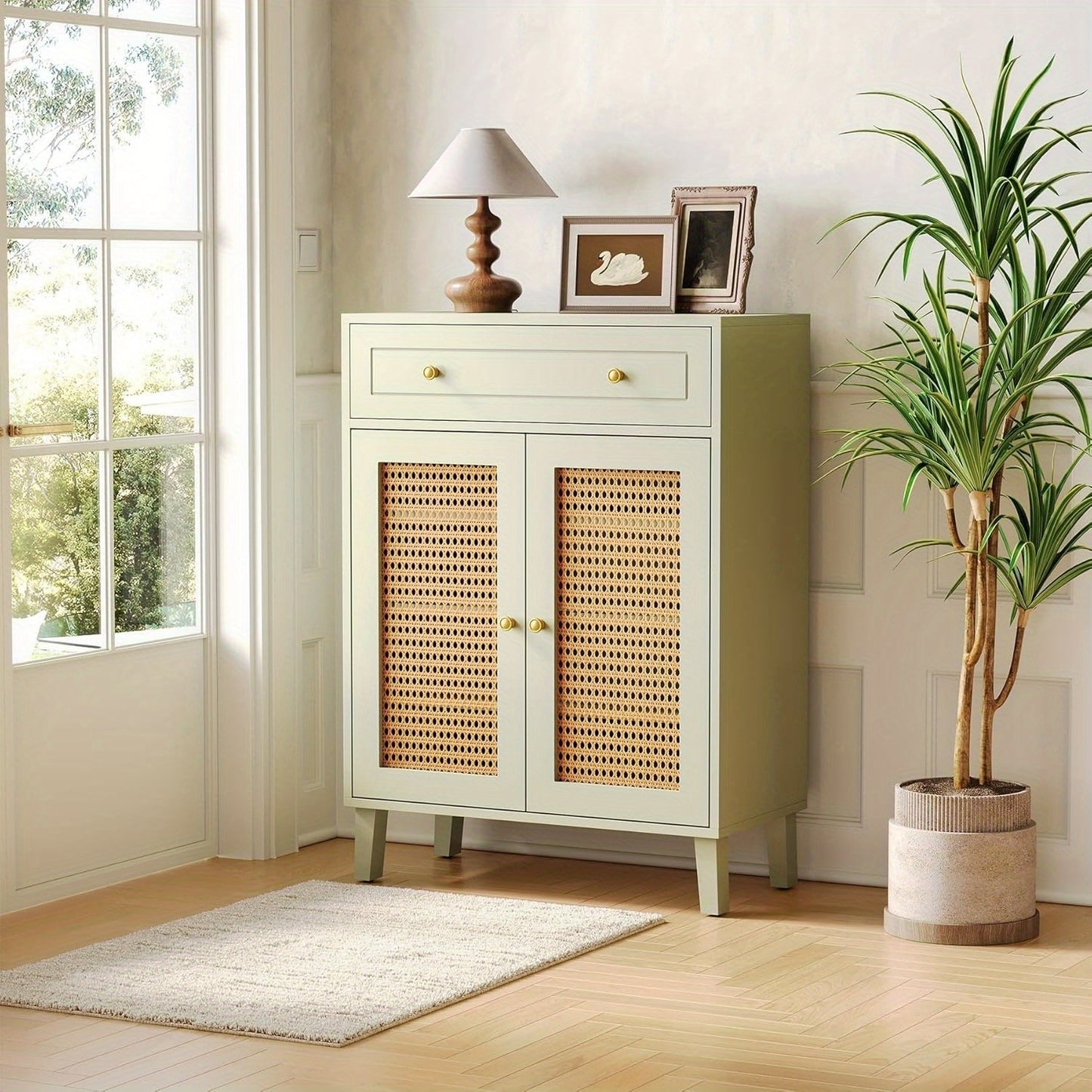 Schoenenkast – Schoenenrek – Schoenenopberger – Halkast – Schoenenkast Smal – Mintgroen Met Rattan Deuren – 4 Verstelbare Planken – Vrijstaand 80x40x111 cm