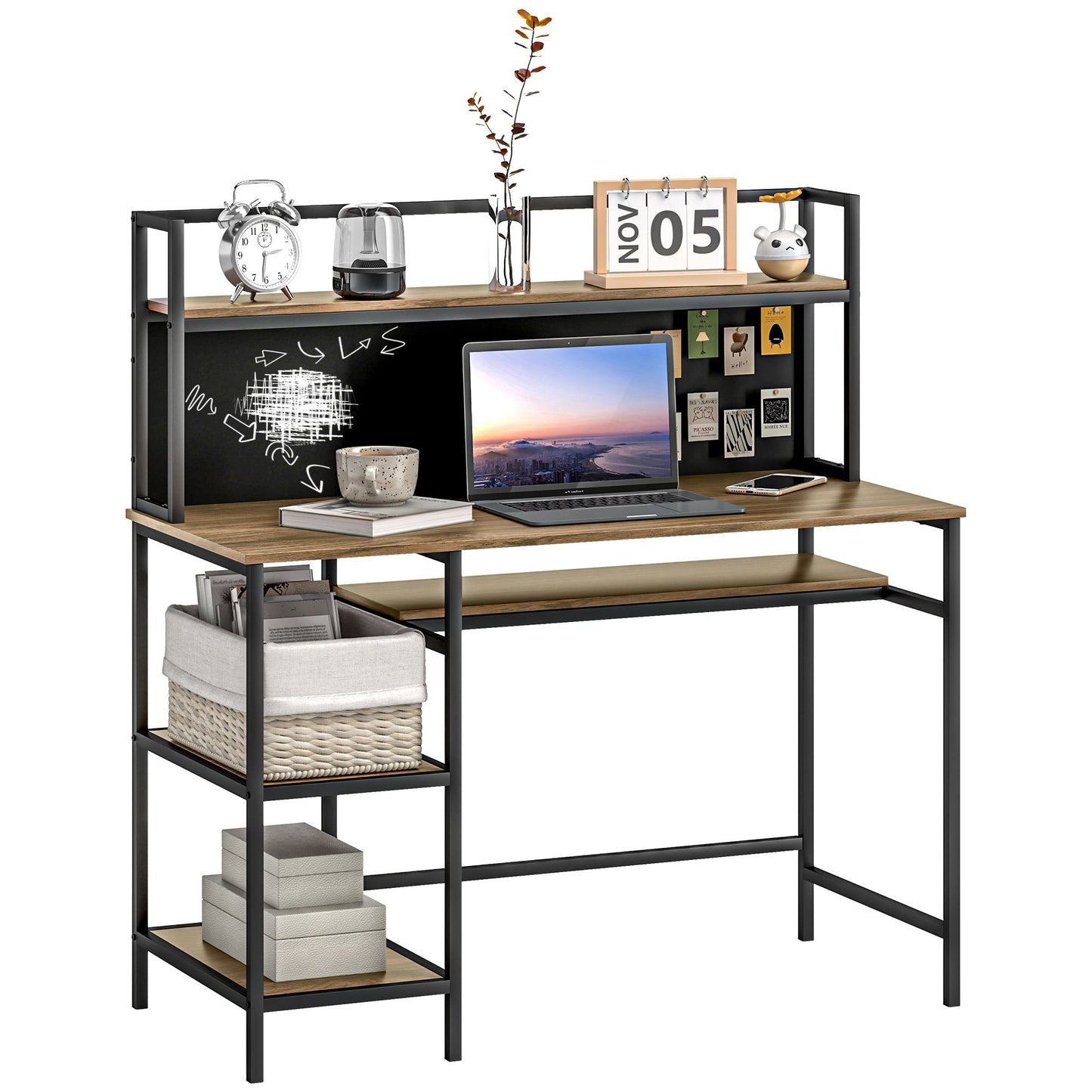 Computertafel – Bureau – Werkplek – Schrijftafel – Studietafel – Met 4 Opbergrekken – Zwart Schrijfbord – 120x53x126 cm – Industrieel Bruin Zwart