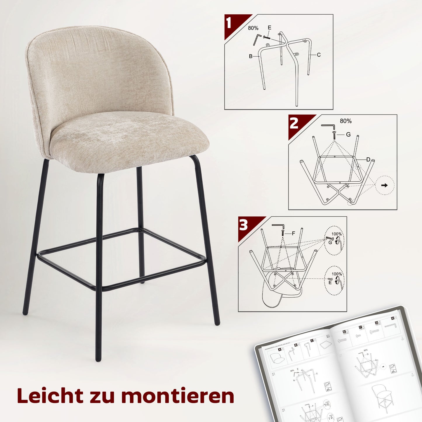 2-Piece Set of Bar Stools with Backrest and Footrest, Upholstered Chairs with Steel Legs for Kitchen Island, Dining Room, Beige