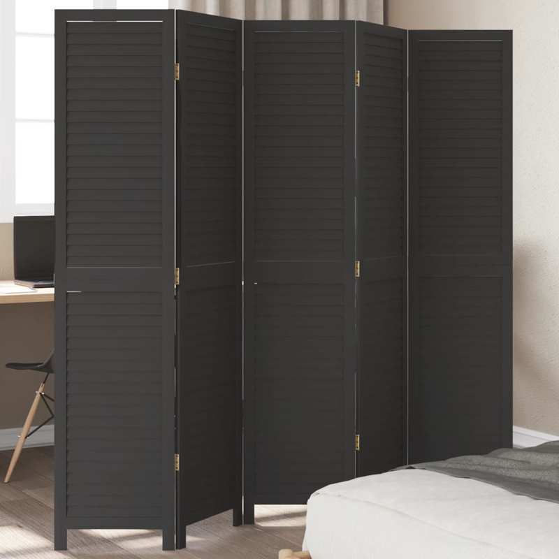 Room Divider with 5 Panels Made of Solid Paulownia Wood in Black. Attractive And Privacy-Protecting, Suitable for Offices, Bedrooms, And Living Rooms.