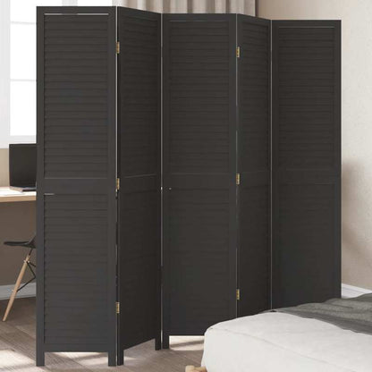 Room Divider with 5 Panels Made of Solid Paulownia Wood in Black. Attractive And Privacy-Protecting, Suitable for Offices, Bedrooms, And Living Rooms.