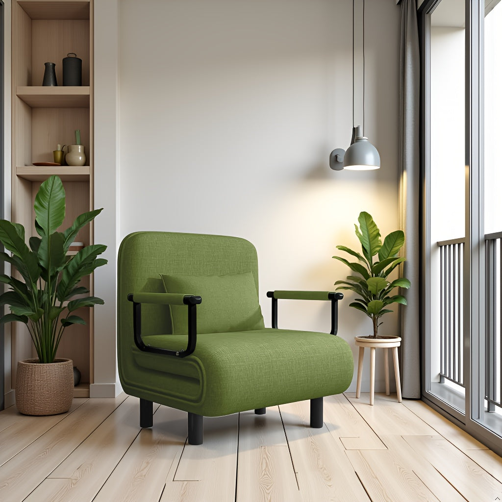 Zithoekbed – Slaapbank – Slaapstoel – Slaapfauteuil – Slaapzetel – Verstelbare Rugleuning – Comfortabele Memory Foam Kussens – Stevige Gouden Armleuningen – Grasgroen