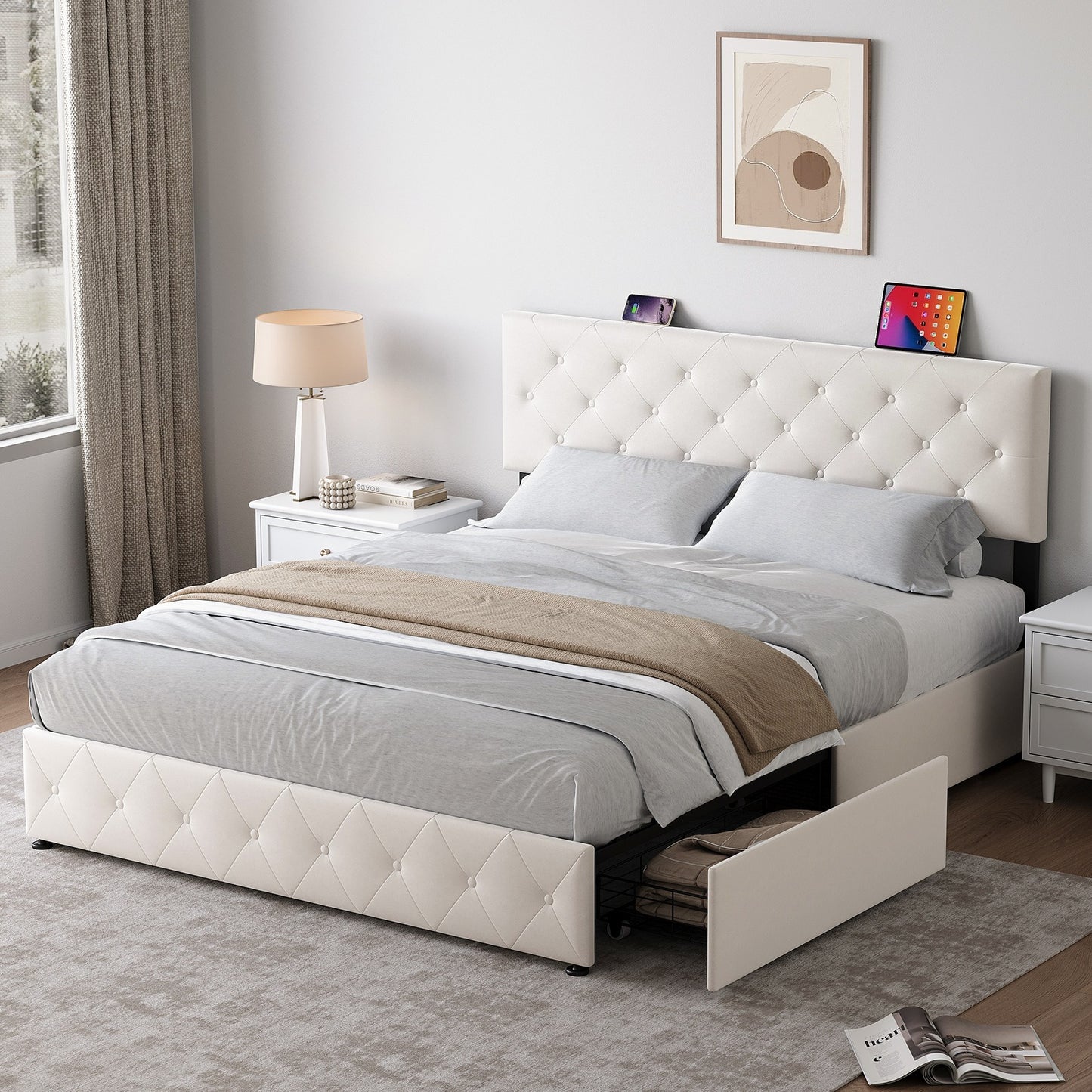 Bedkast – Bedframe – Nachtkastje – Opbergkast – Slaapkamerkast – 140x200 cm – Fluwelen Getuft Hoofdbord – 4 Opberglades