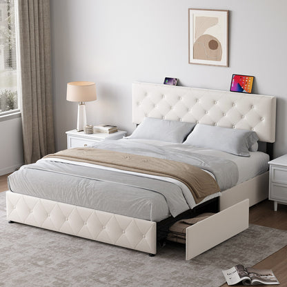 Bedkast – Bedframe – Nachtkastje – Opbergkast – Slaapkamerkast – 140x200 cm – Fluwelen Getuft Hoofdbord – 4 Opberglades