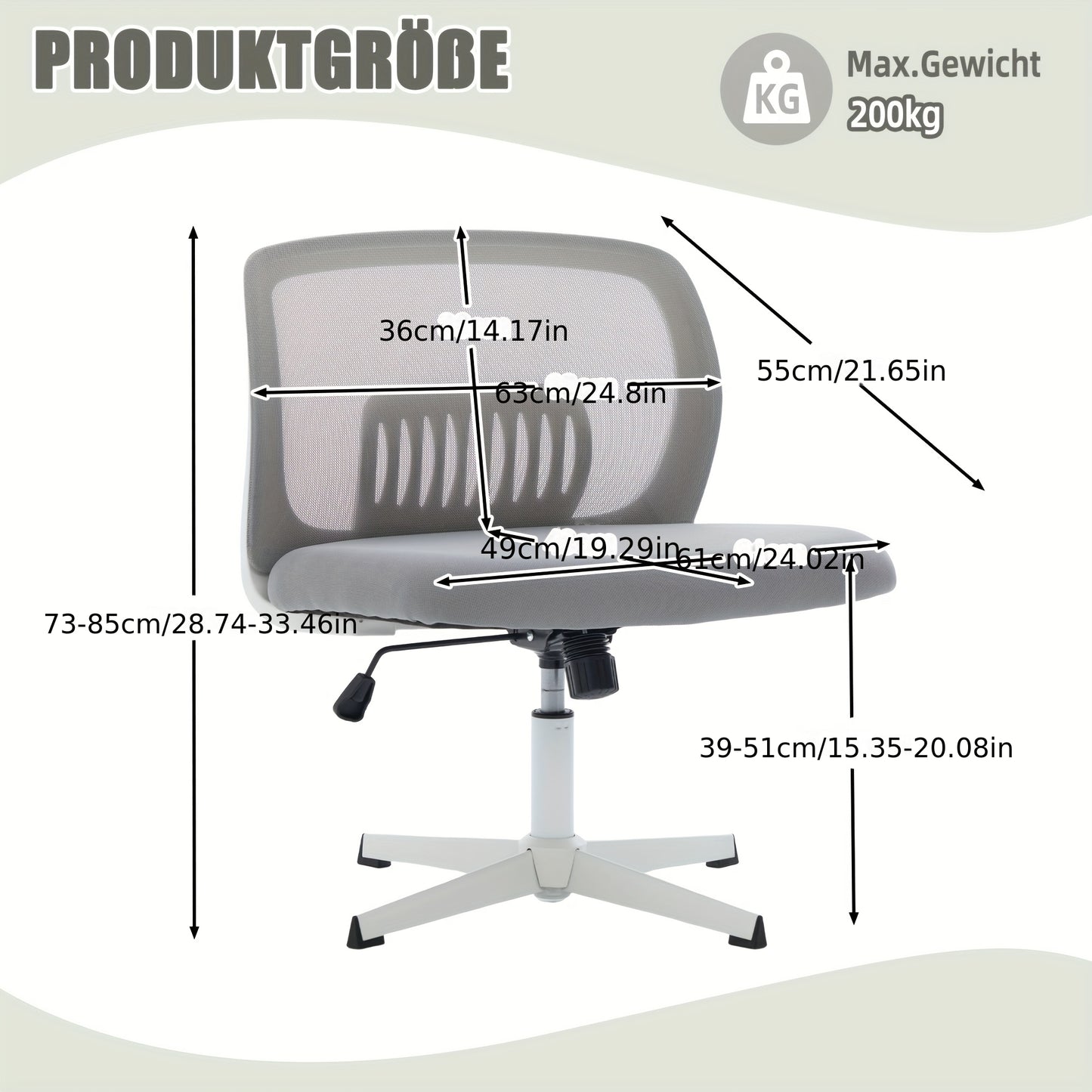Armless Office Chair with Rocking Function & Height Adjustment - 360° Swivel, Ergonomic Cross-Legged Design, Lightweight Durable Plastic Frame, Manual Recline Handle - Spacious Reading/Living Room Chair for Home Office, 5 Co
