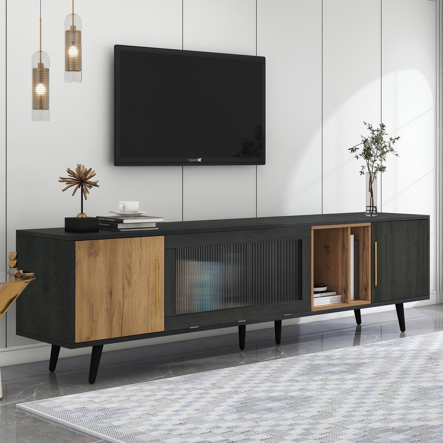 TV-Meubel – TV-Kast – Lowboard – Mediameubel – Tv-Stand – 3 Deuren Met Glazen Klapdeur – Geschikt Voor Tv’s Tot 90 Inch