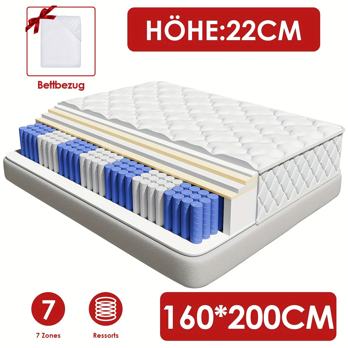 Pocketveringmatras – 7-zones Matras – Ergonomisch Matras – Springmatras – Matrassen 160x200 cm – Stevig Comfort H3 – Pillow Top Katoenen Hoes