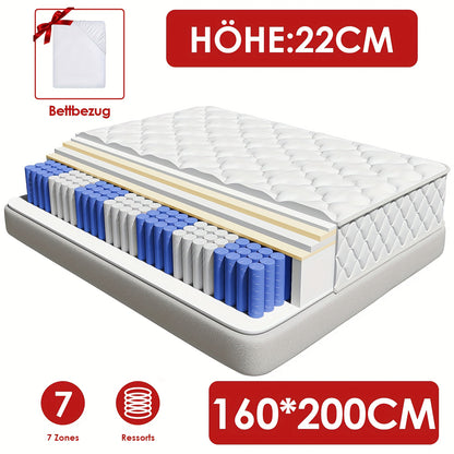 Pocketveringmatras – 7-zones Matras – Ergonomisch Matras – Springmatras – Matrassen 160x200 cm – Stevig Comfort H3 – Pillow Top Katoenen Hoes