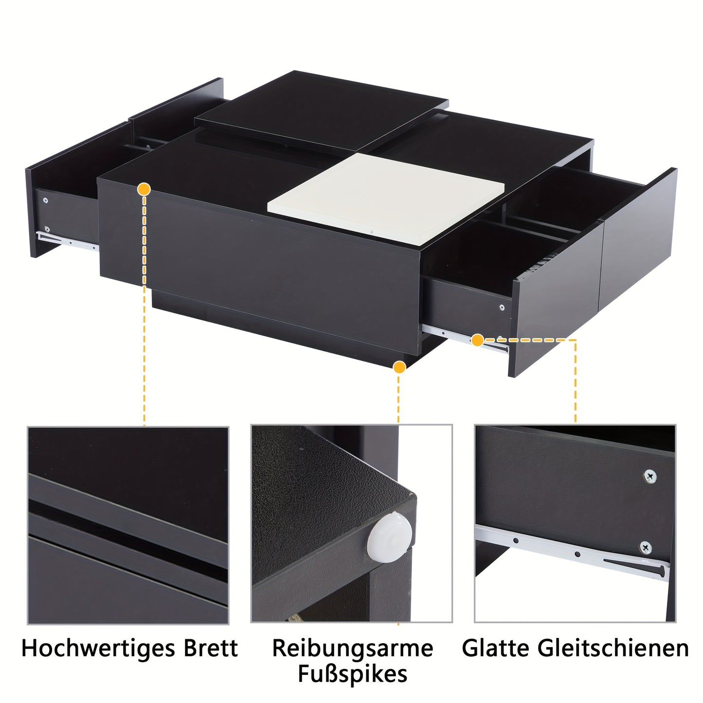 Salontafel – Koffietafel – Tafel – Bijzettafel – Opbergtafel – Zwart Hoogglans Met Wit Uitschuifbaar Blad – Duurzaam Hardhout – Compact Ontwerp Voor Kleine Ruimtes