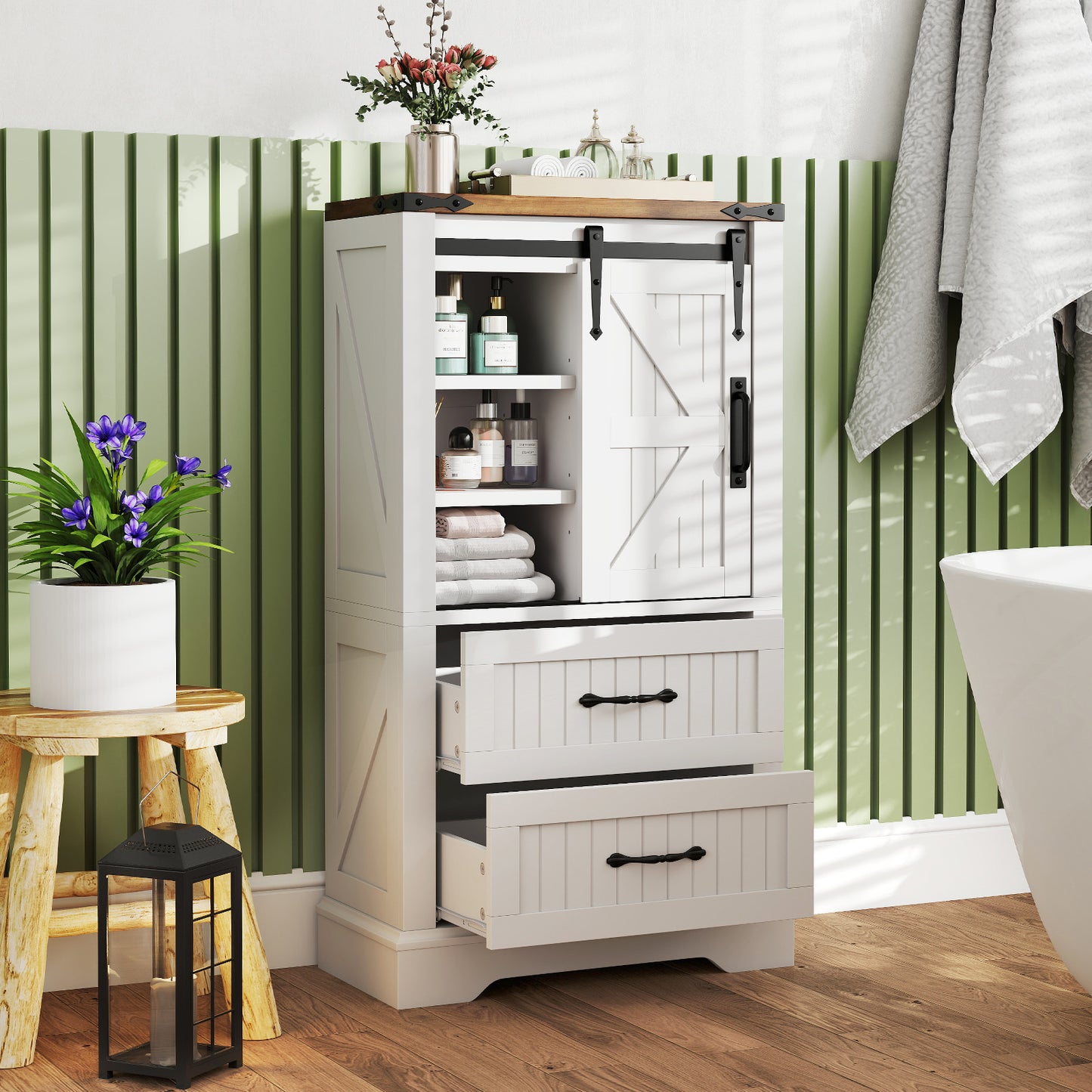 Badkamerkast Vloer – Opbergkast – Bergkast – Kast met Schuifdeur – Dressoir – Wit Houten Frame – Verstelbare Planken & 2 Lade Opbergruimtes