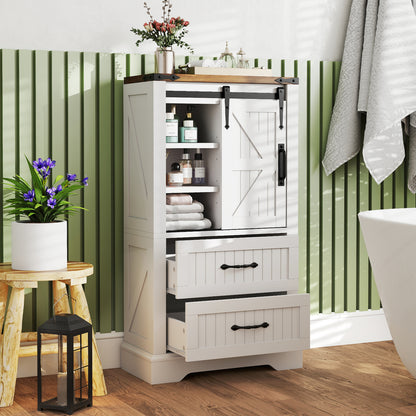 Badkamerkast Vloer – Opbergkast – Bergkast – Kast met Schuifdeur – Dressoir – Wit Houten Frame – Verstelbare Planken & 2 Lade Opbergruimtes