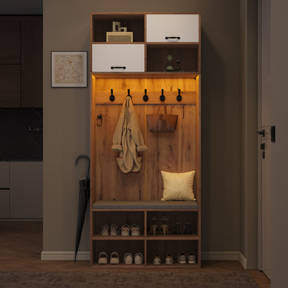 Kapstok – Halmeubel – Garderoberek – Zitbank – Opbergmeubel – 5 Haken – 2 Deuren Met 6 Open Vakken – Natuurlijk Hout Met Wit – 80x185x35 cm