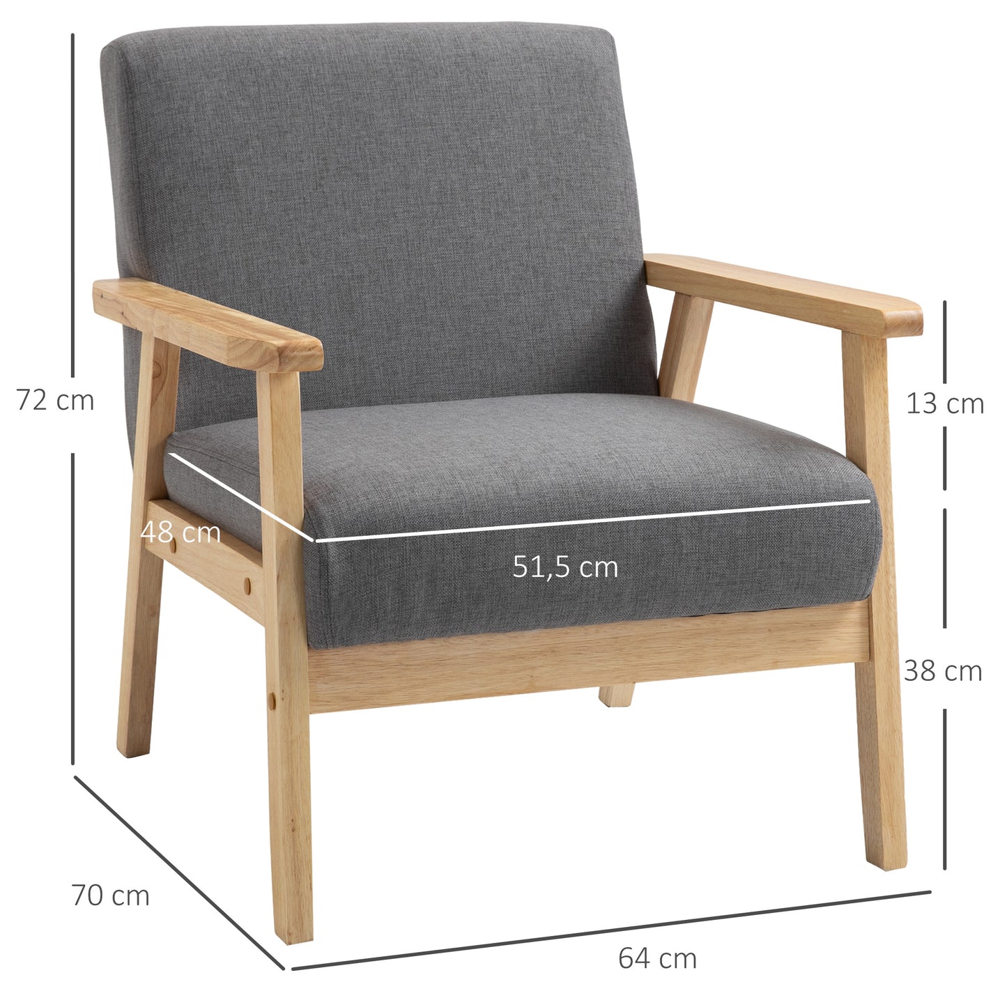 Stoel – Accentstoel – Fauteuil – Zithoekstoel – Lounge Stoel – Scandinavisch Design – Massief Houten Frame – Linnenlook Grijs – 64x70x72 cm