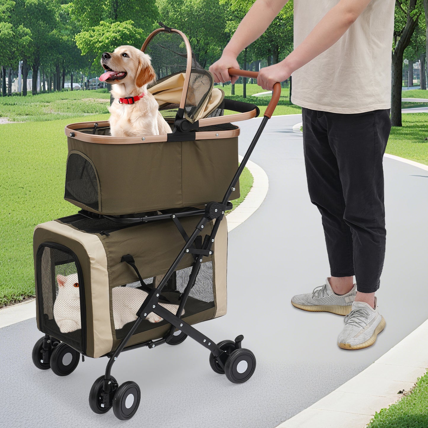 2-Tier Pet Stroller | Premium Materials, Breathable and Comfortable, Multifunctional Design, Easy to Store and Carry, Suitable for Cats and Dogs, NaMaSyo, Army Green