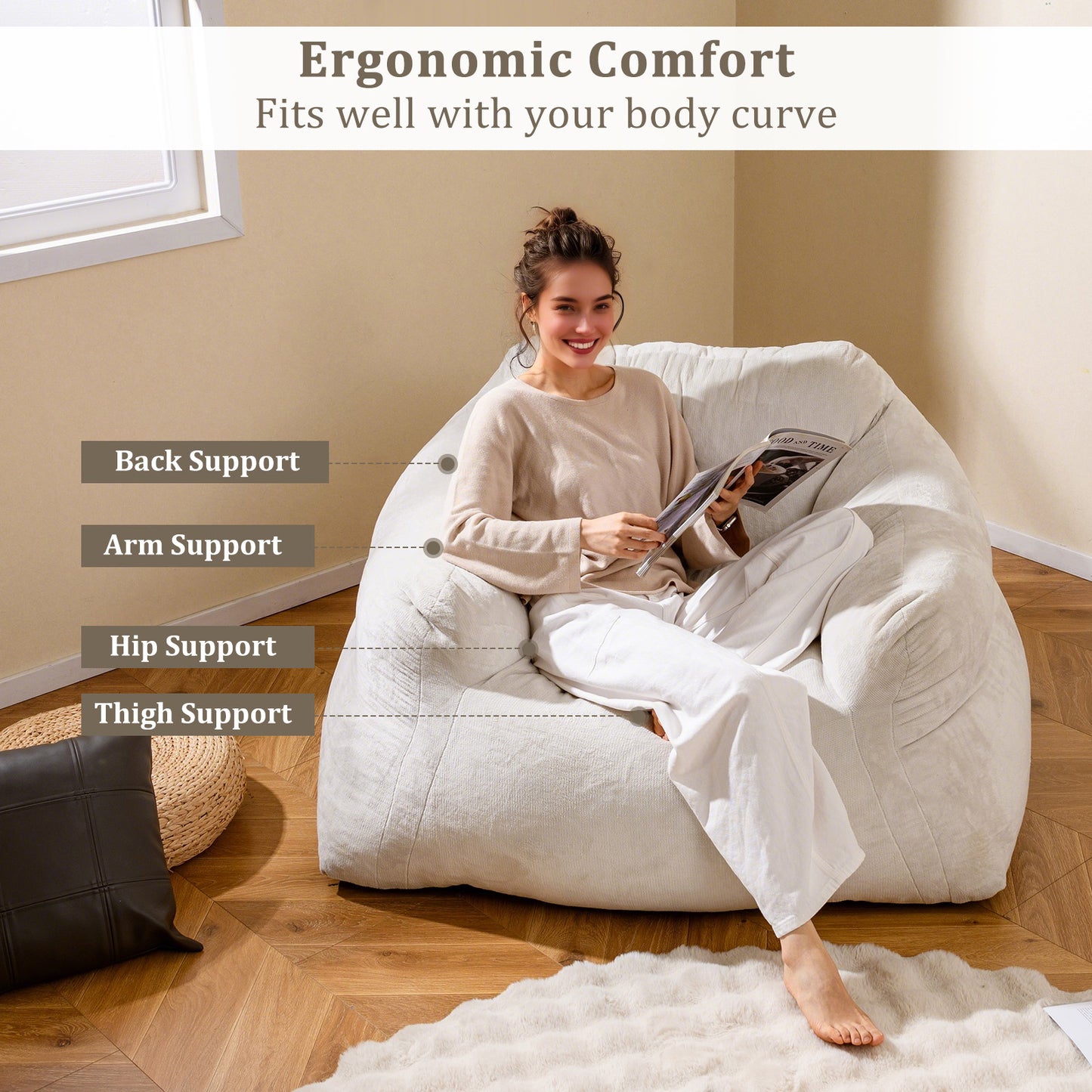Zitzak – Zitzakstoel – Loungebank – Poef – Stoel – Beige – Ultra-Zachte Fluwelen Hoes – Antislip Onderkant
