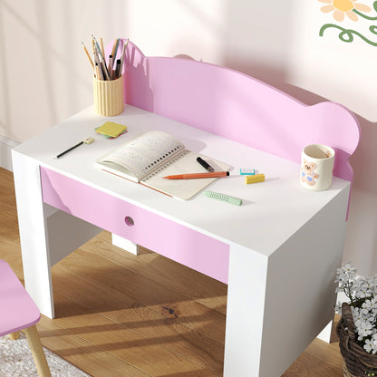 Bureau Kinderen – Kinderbureau – Schrijftafel – Speelbureau – Werkplek Kinderkamer – Inclusief Stoel – Veilig Met Lade – Beerprint Roze