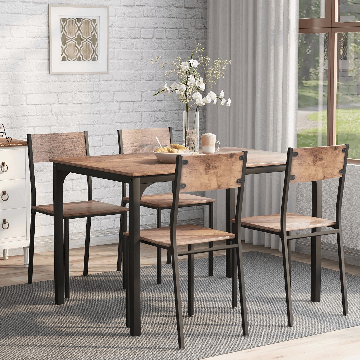 Eettafelset – Eettafel Met Stoelen – Diningset – Keukentafelset – Industrieel Design – Vintage Bruin – Ruimtebesparend Ontwerp – MDF Tafelblad Met Metaal Frame