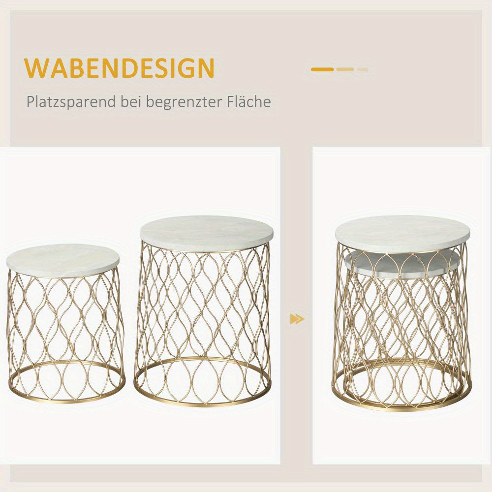 Tuintafel – Bijzettafel – Buitentafel – Balkon tafel – Nesting tafel – Retro Wire Basket Design – Set Van 2 – Metaal Goud Wit – Ruimtebesparend & Weerbestendig