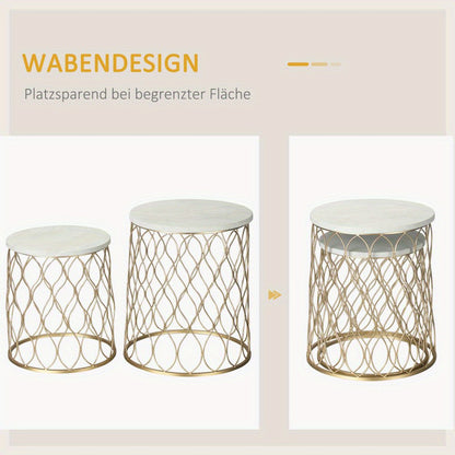 Tuintafel – Bijzettafel – Buitentafel – Balkon tafel – Nesting tafel – Retro Wire Basket Design – Set Van 2 – Metaal Goud Wit – Ruimtebesparend & Weerbestendig