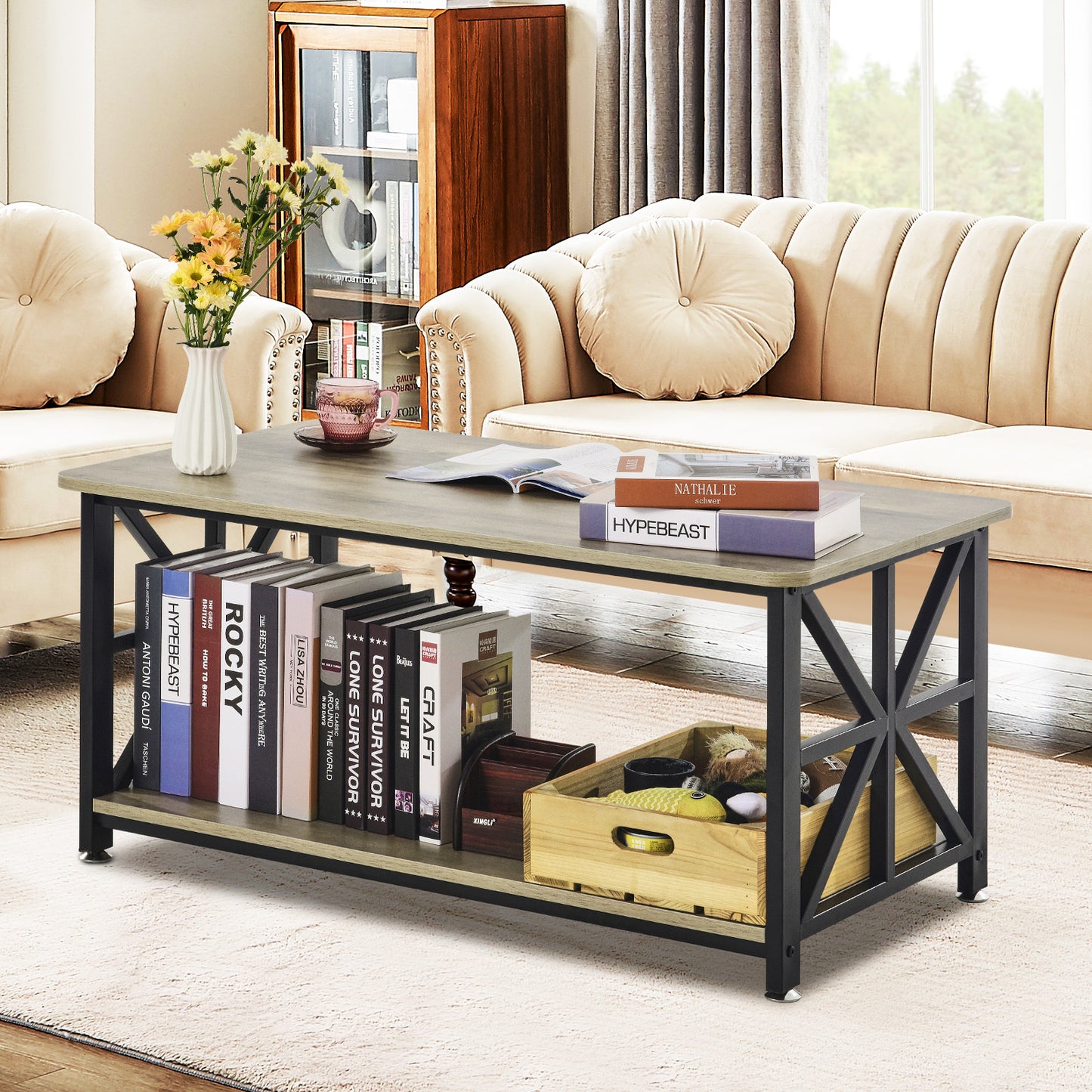 Salontafel – Koffietafel – Woonkamertafel – Houten Tafel – Landelijke Tafel – 40 Inch – Robuust Massief Hout – Open Opbergruimte