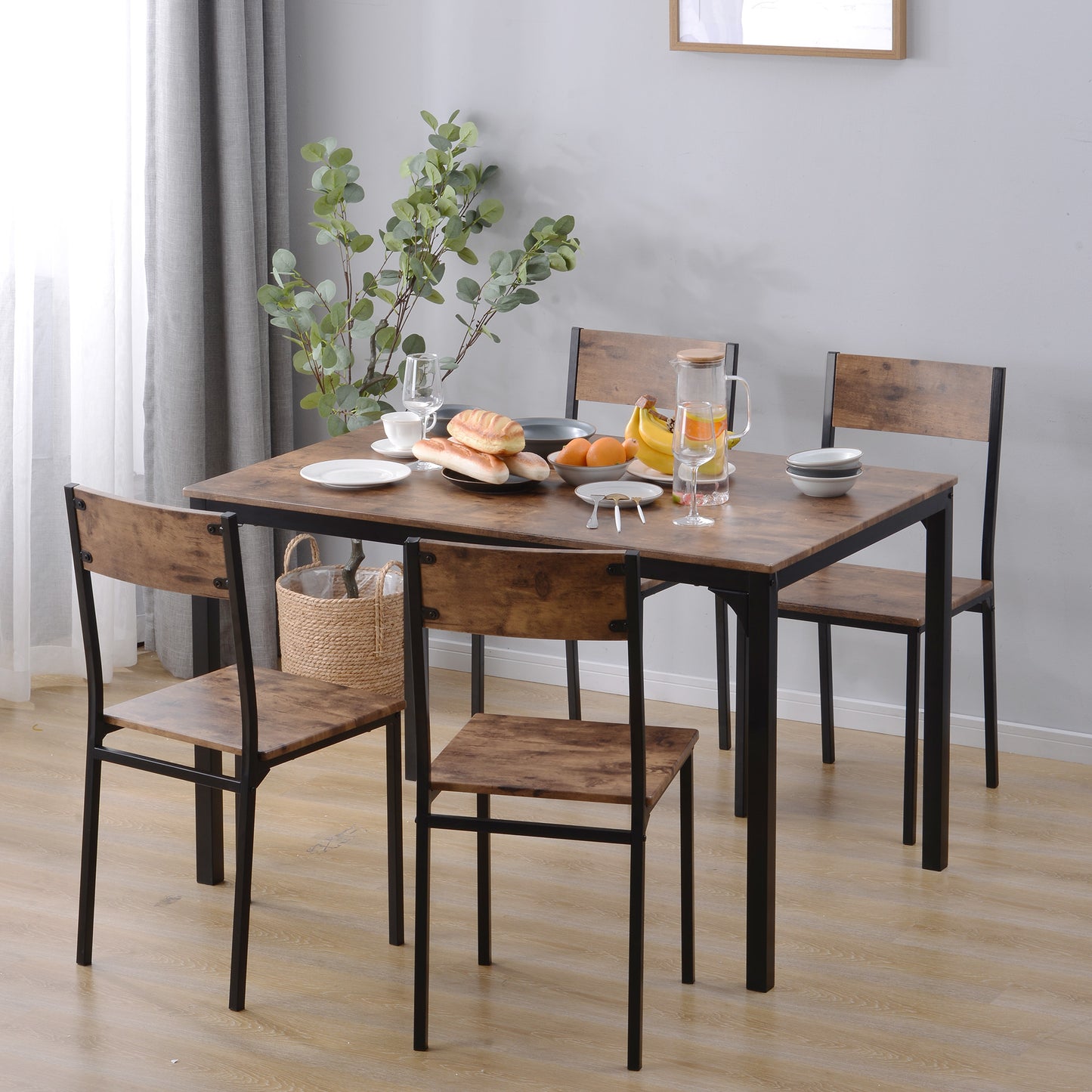 Eettafelset – Eettafel Met Stoelen – Diningset – Keukentafelset – Industrieel Design – Vintage Bruin – Ruimtebesparend Ontwerp – MDF Tafelblad Met Metaal Frame
