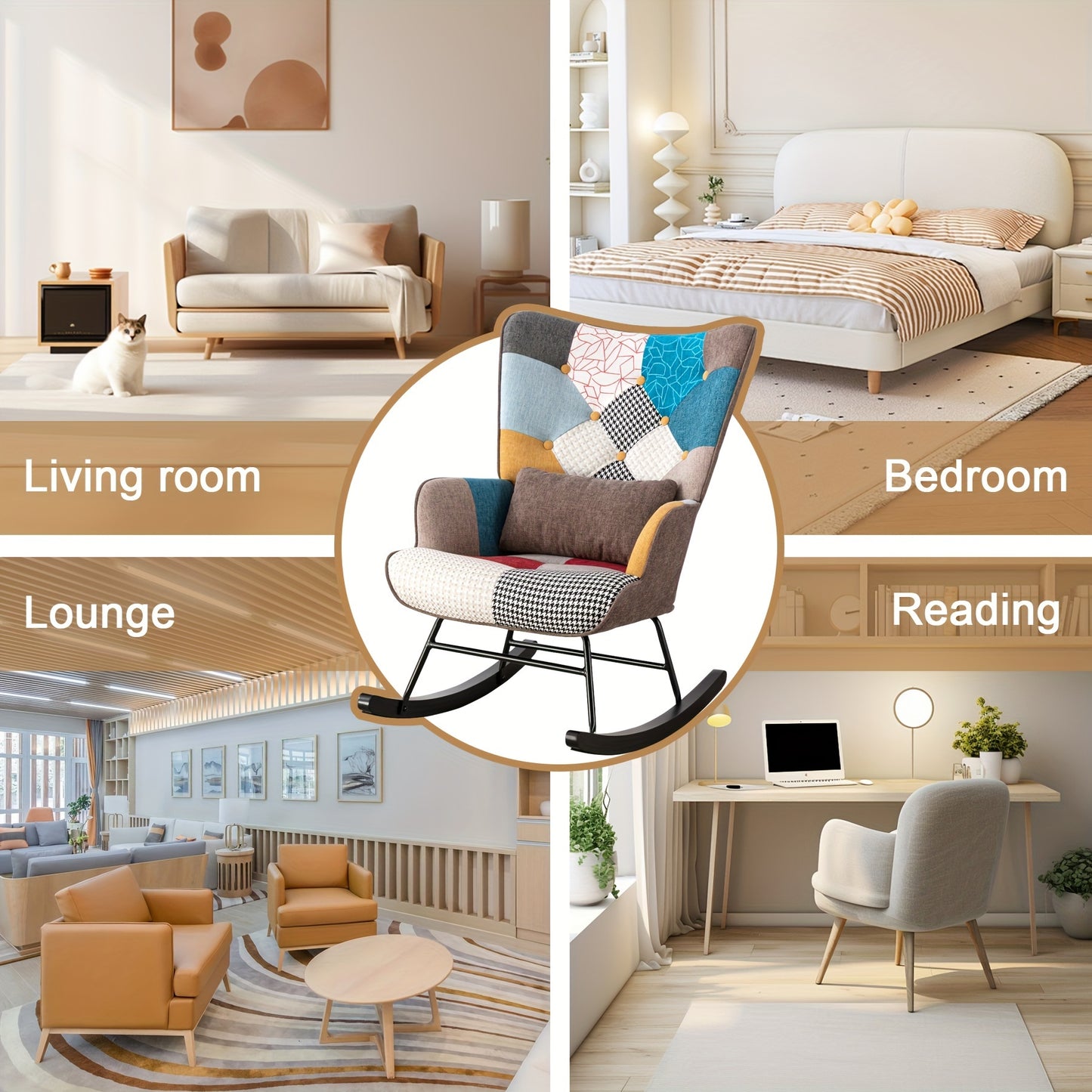 Schommelstoel – Schommelstoel Met Vleugelrug – Relaxstoel – Fauteuil – Schommelzetel – Patchwork Design – Velvet Bekleding – Beukenhouten Frame – Hoogwaardig Schuim – Antislip Poten – Spot-Clean Onderhoud