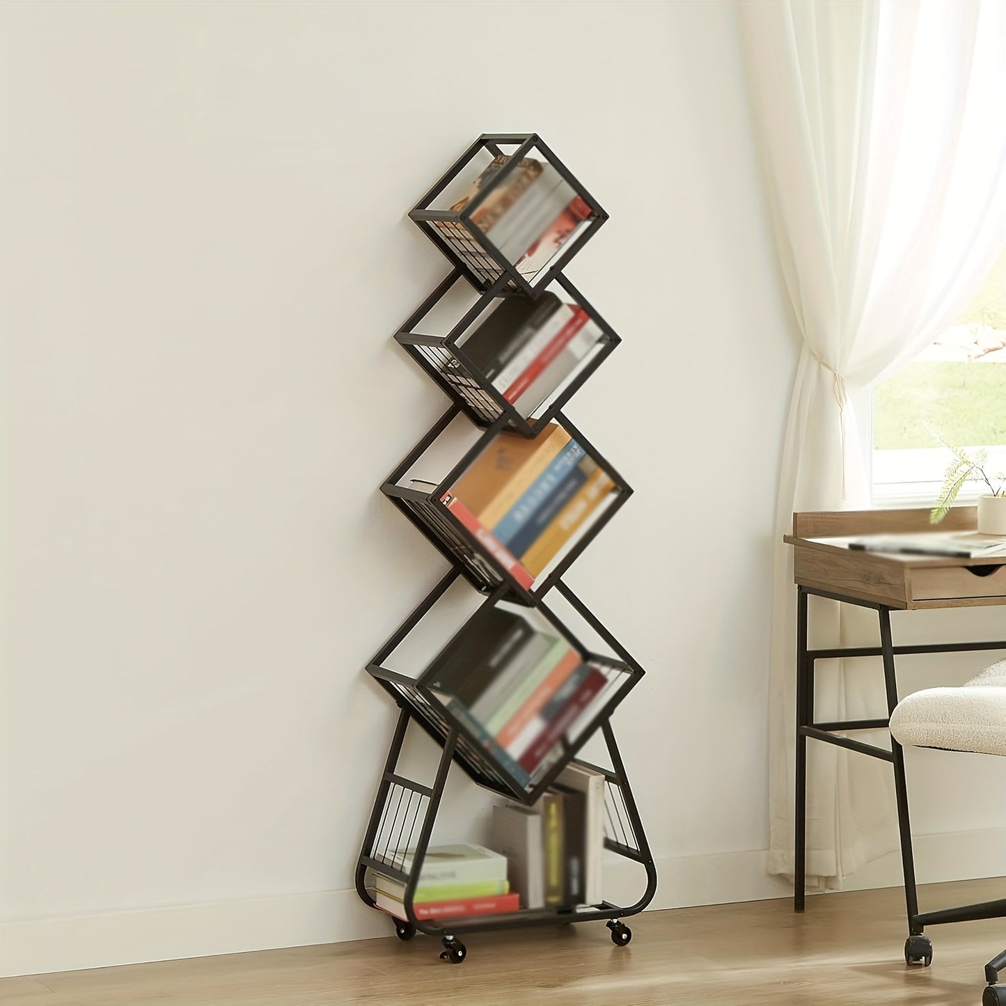 Boekenkast – Boekenrek – Opbergkast – Smalle Boekenkast – DVD Rek – Metaal – 5 Lagen – Verrijdbaar – 53,8x21,8x152,9 cm – Zwart