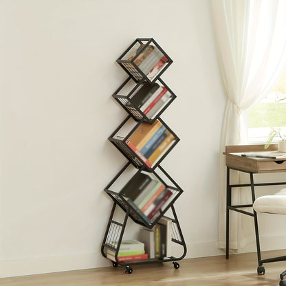 Boekenkast – Boekenrek – Opbergkast – Smalle Boekenkast – DVD Rek – Metaal – 5 Lagen – Verrijdbaar – 53,8x21,8x152,9 cm – Zwart