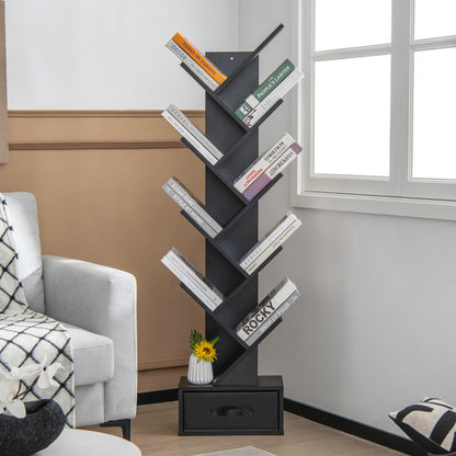 Boomboekenkast – Boekrek – Opbergkast – Boekenplank – Kast Met Lade – Zwart Resin – 8 Planken – Ruimtebesparend Design
