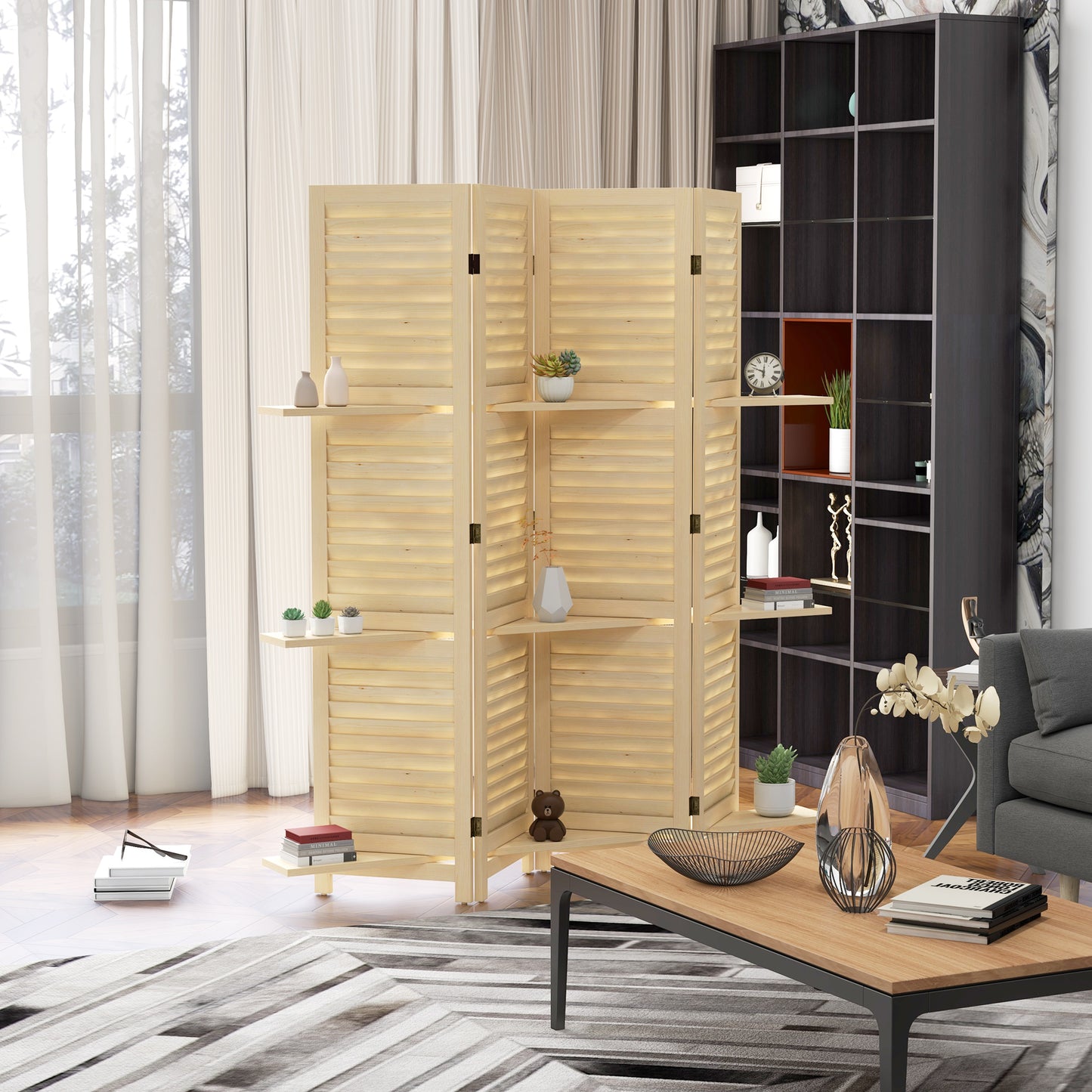 Kamerscherm – Roomdivider – Scheidingswand – Paravent – Kamerverdeler – 4 Panelen – Paulownia Hout – 3 Planken – Inklapbaar – Natuurlijke Houtkleur