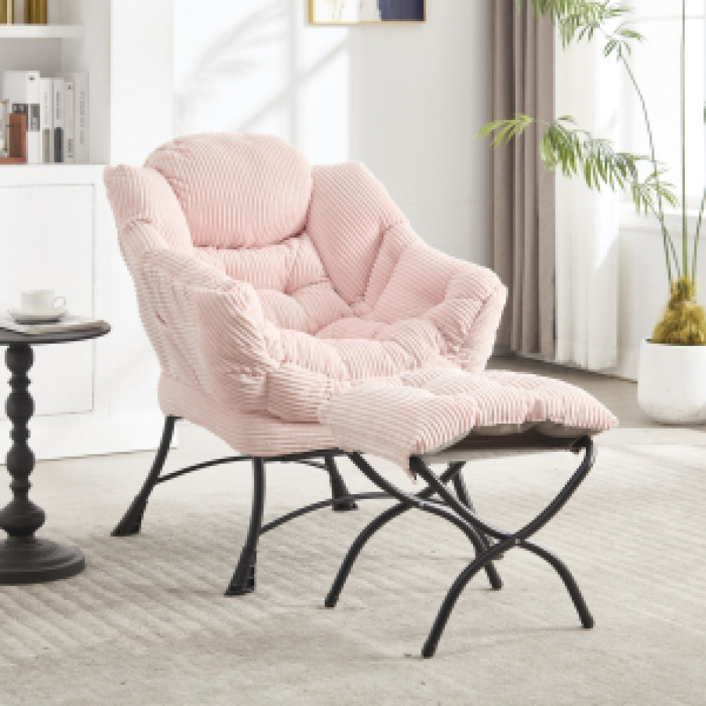 Loungestoel – Fauteuil – Relaxstoel – Zitzak – Accentstoel – Met Voetenbank – Ergonomisch Design – Stevig Stalen Frame – Roze & Zwart – Compact & Comfortabel