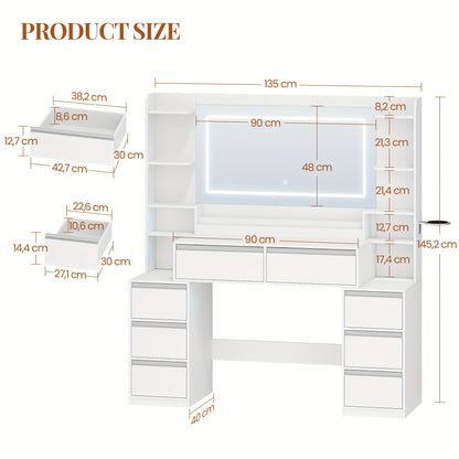 Kaptafel – Make-uptafel – Opmaaktafel – Schminktafel – Met Spiegel en Föhnhouder – 8 Lades & Open Vakken – 135x40x145 cm – Wit-Zilveren MDF