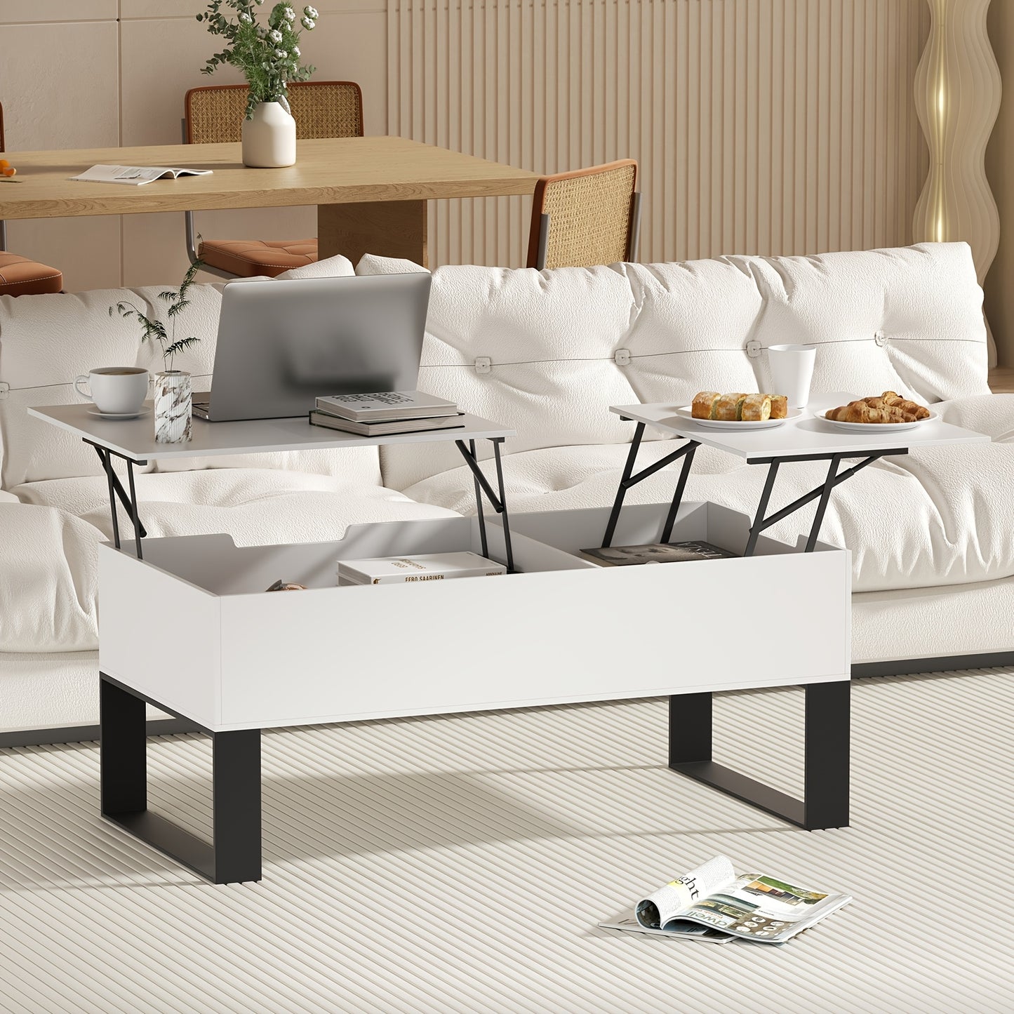 Witte Salontafel – Koffietafel – Bijzettafel – Werktafel – Eettafel – Verstelbaar Met Lift-Top – Duurzaam MDF En Metalen Frame Met Verborgen Opbergruimte