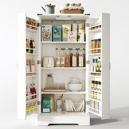 127.0cm White Farmhouse Kitchen Cabinet with 2 Hinged Doors & Adjustable Shelves - Freestanding Storage Cabinet with -Tip Device, Gravure Texture Finish, Space-Saving Design for Small Spaces, Easy Assembly, Sturdy Constructio