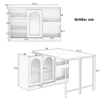 Draaibare Bartafel – Barmeubel – Eettafel – Opbergkast – Keukentafel – 360° Draaibaar – Uitschuifbaar Blad – Wit – Metalen Frame – Glazen Deuren