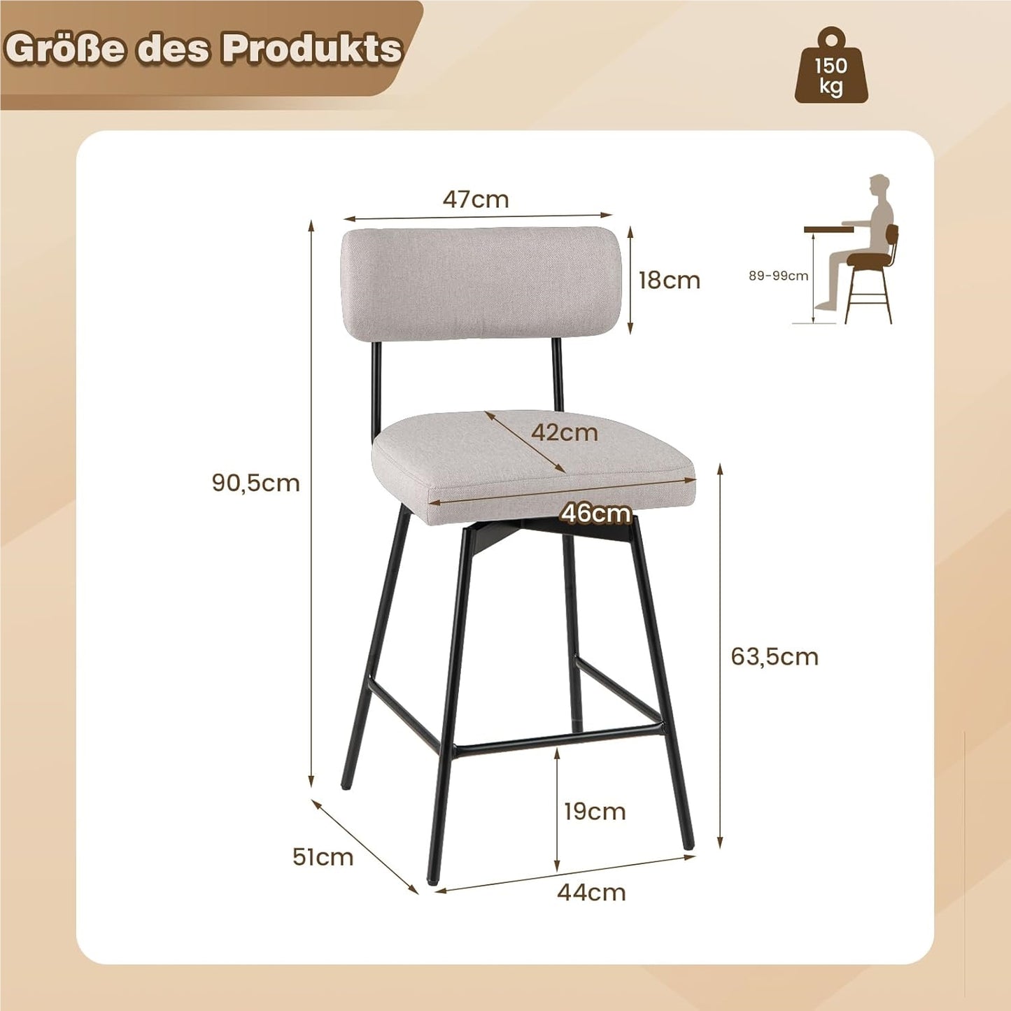 Barstoel – Barkruk – Keukenstoel – Barstoel Set – Barstoelen – Draaibaar 360° – Linnen Bekleding – Zithoogte 63,5 cm
