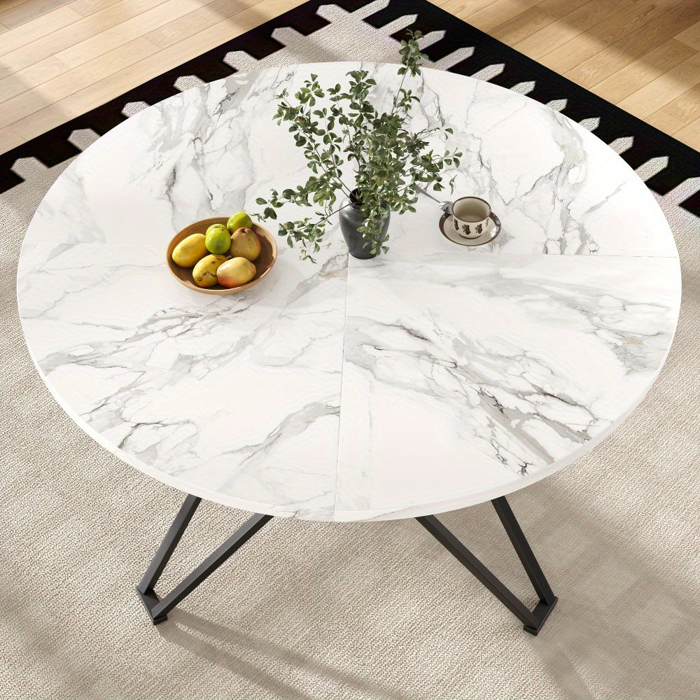 Rond Eettafel – Ronde Tafel – Keukentafel – Eetkamertafel – Compacte Eettafel – MDF Blad Met Marmerlook – Metalen Poot Zwart/Wit – 100x100x76 cm – Voor 4 Personen