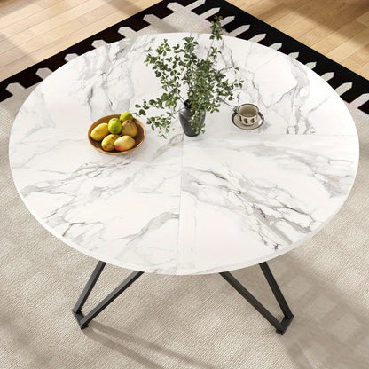 Rond Eettafel – Ronde Tafel – Keukentafel – Eetkamertafel – Compacte Eettafel – MDF Blad Met Marmerlook – Metalen Poot Zwart/Wit – 100x100x76 cm – Voor 4 Personen