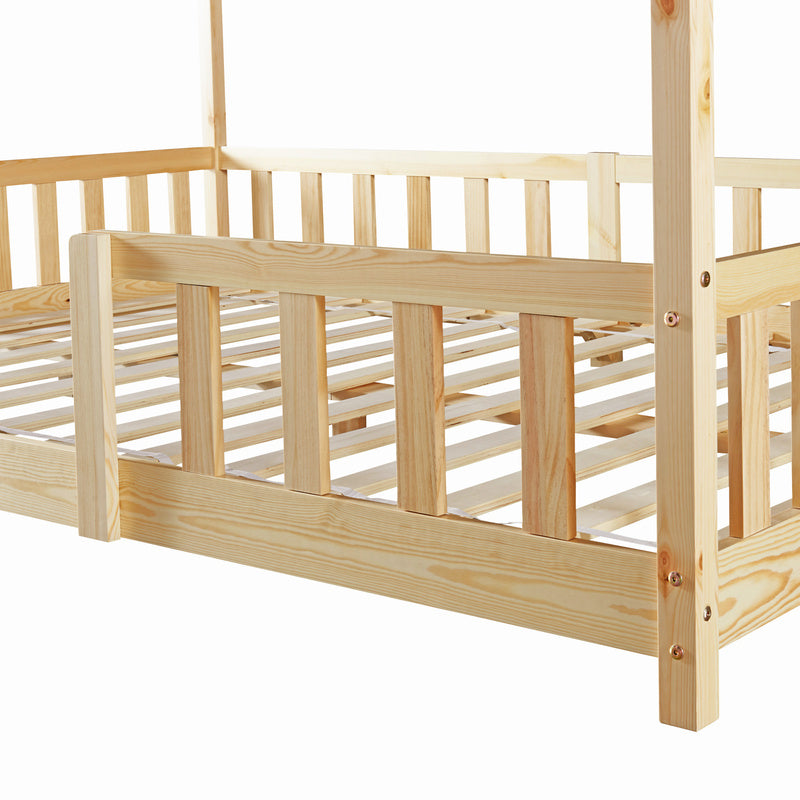 Kinderbed – Kinderbedden – Eenpersoonsbed – Hoogslaper – Stapelbed – Huisvormig Design – Valbeveiliging – Grenenhout – 140x200 cm