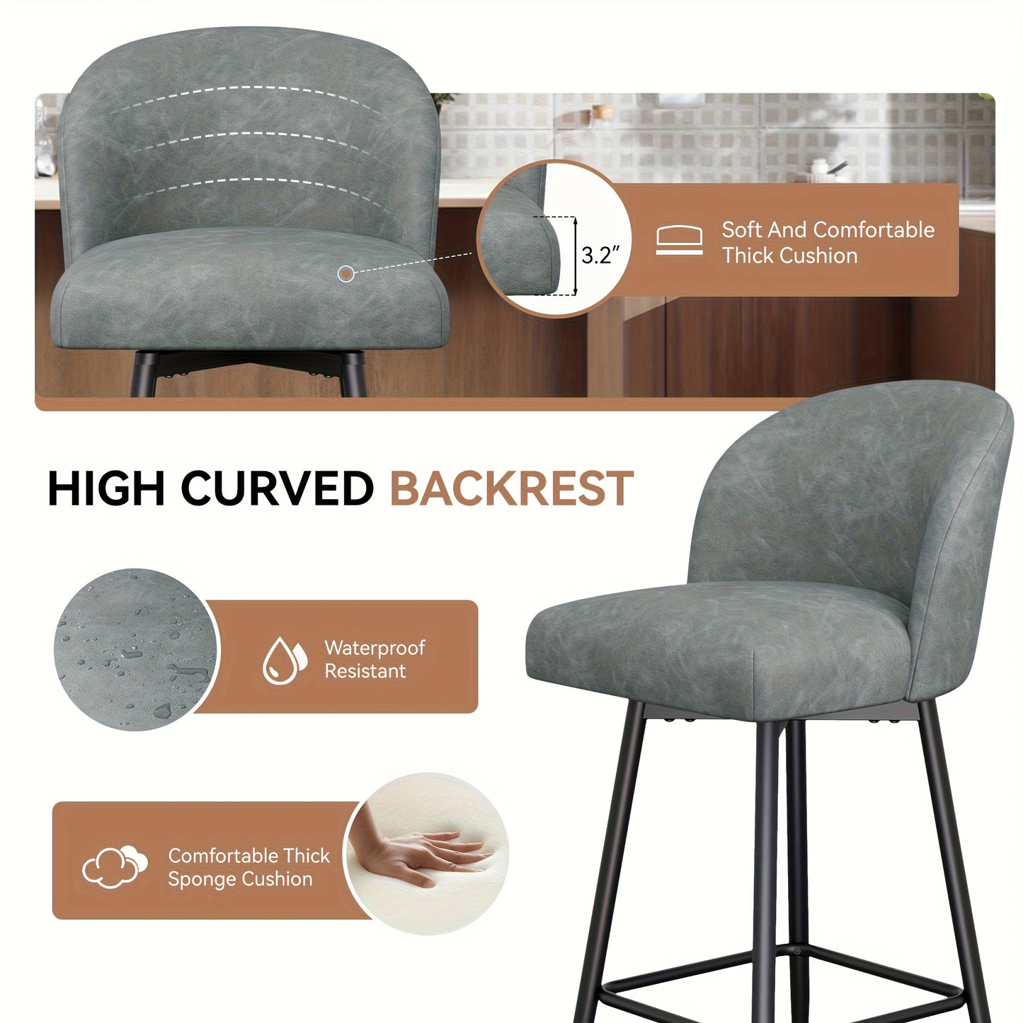 Barstoel Set – Barkrukken – Keukenstoelen – Counterstoelen – Barkrukken zonder Armleuningen – Lichtgrijs Kunstleer – Memory Foam Zitting – 360° Draaibaar – Metalen Frame – Ergonomische Hoge Rugleuning – Geschikt voor Harde Vloeren