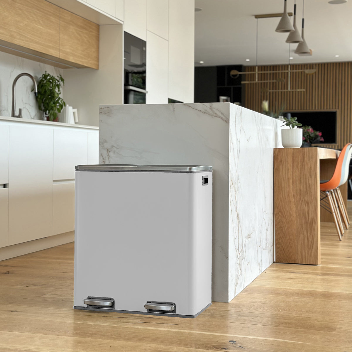 Afvalbak pedaalemmer – prullenbak – vuilnisbak – afvalcontainer – afvalemmer – 2x30L inhoud – RVS met softclose deksel – wit